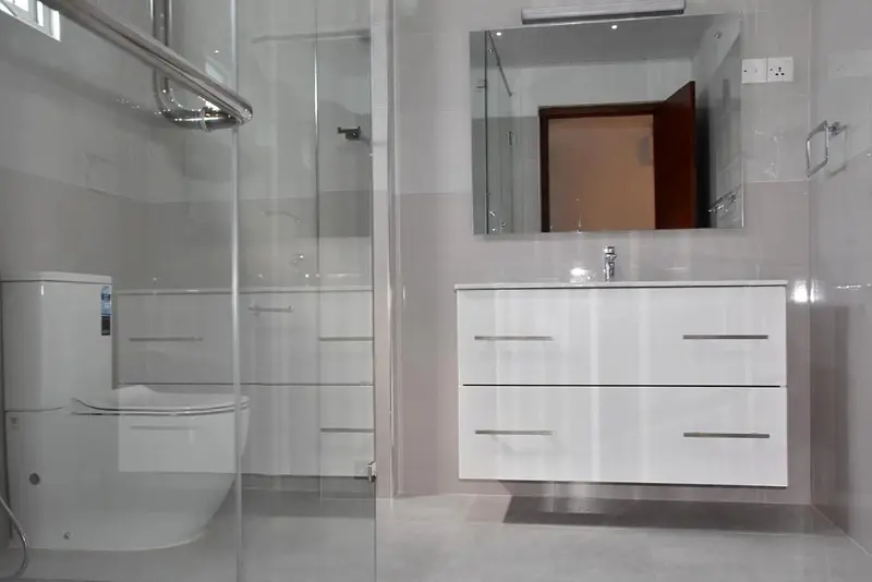 Modern bathroom with glass walk-in shower